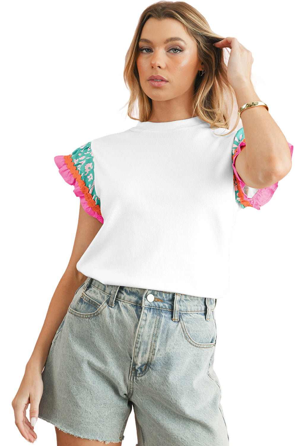 Light Green Ricrac Applique Floral Sleeve Textured Blouse