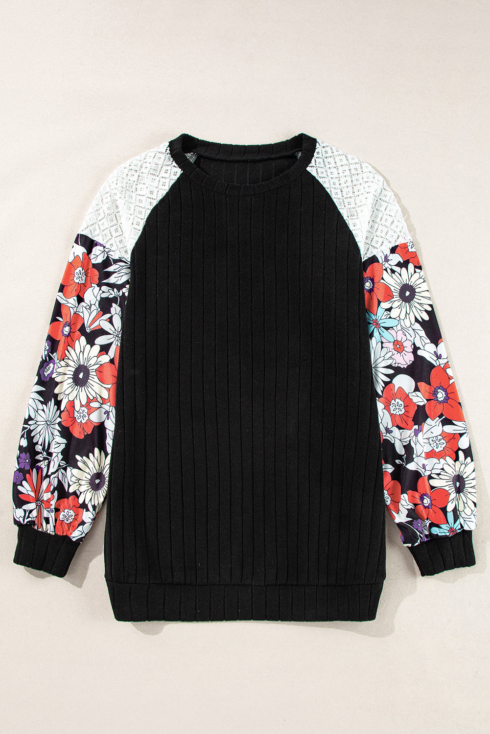 Cinnamon Floral Patchwork Raglan Sleeve Ribbed Top