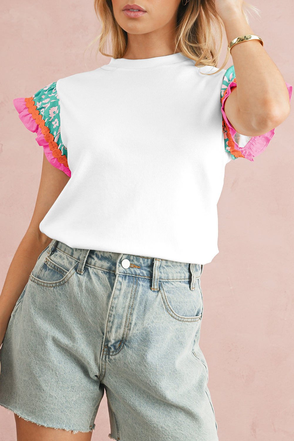 Light Green Ricrac Applique Floral Sleeve Textured Blouse