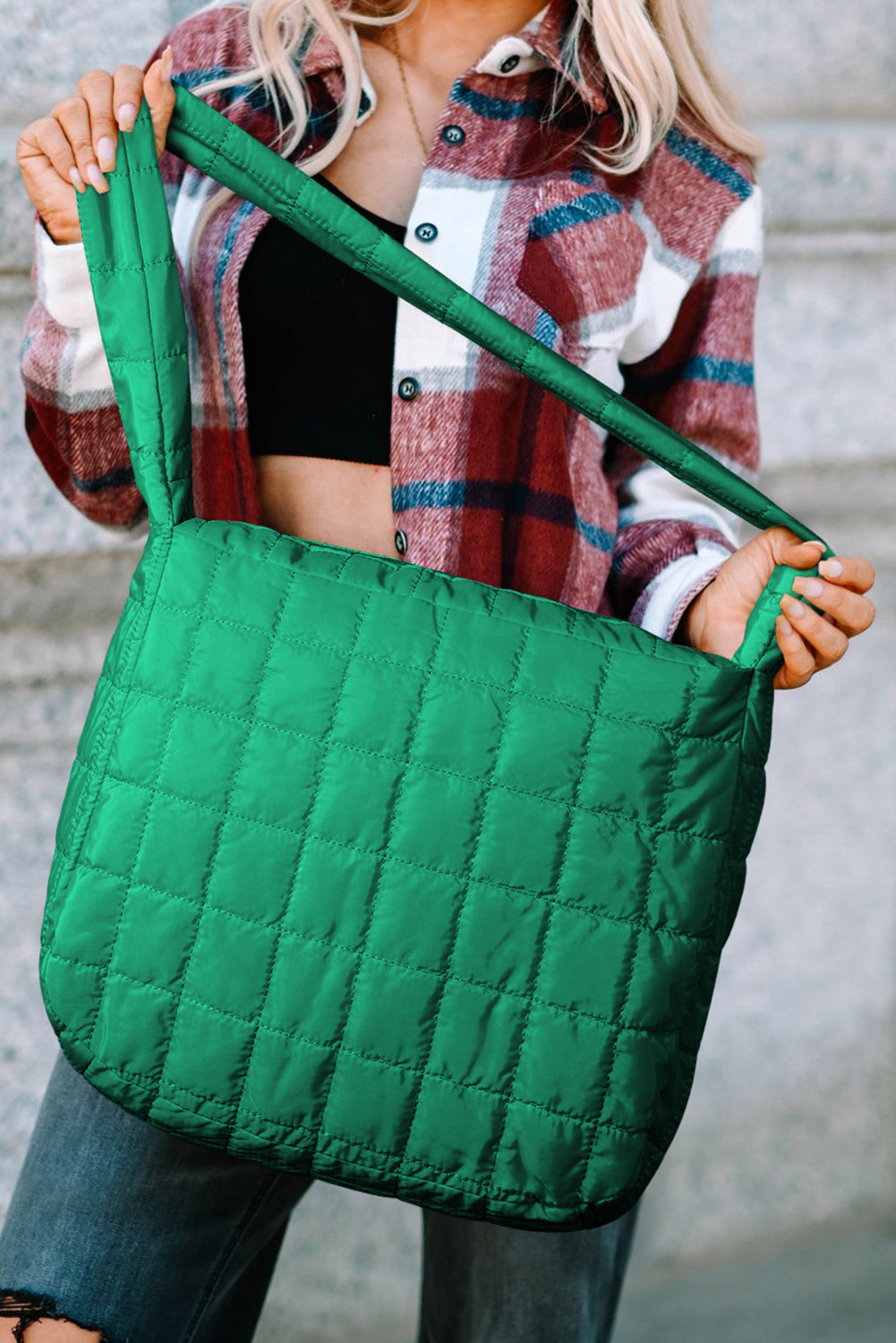 Coffee Casual Quilted Zipper Large Shoulder Bag