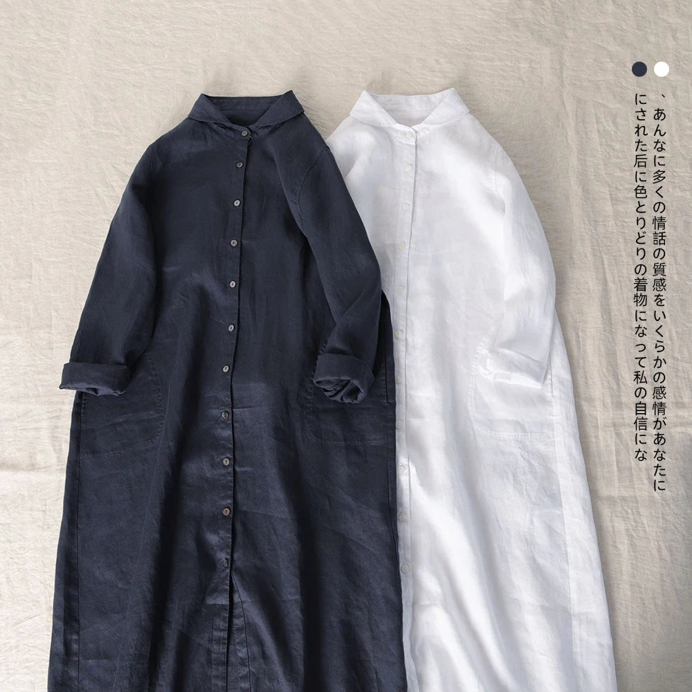 Cotton Linen Mid Length Loose Long Sleeve Dresses