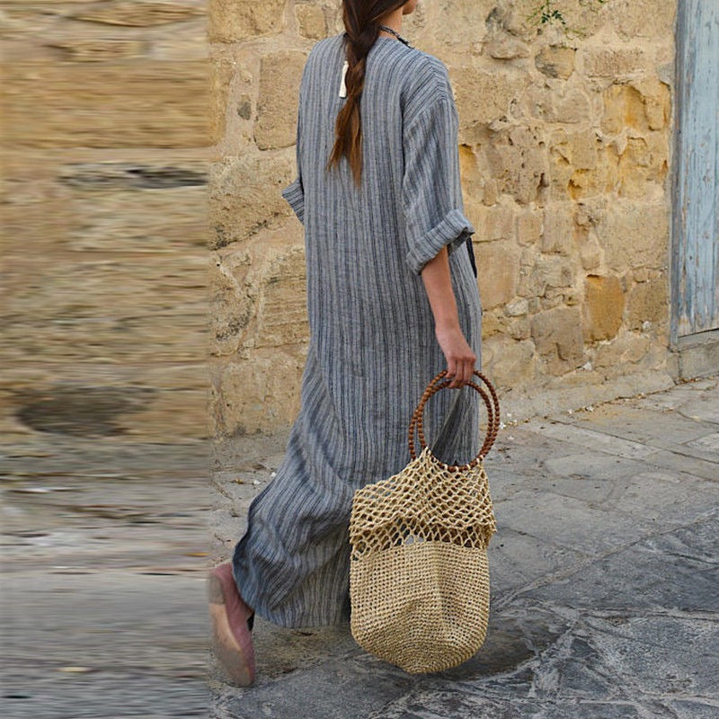 New cotton and linen color woven striped loose length dress