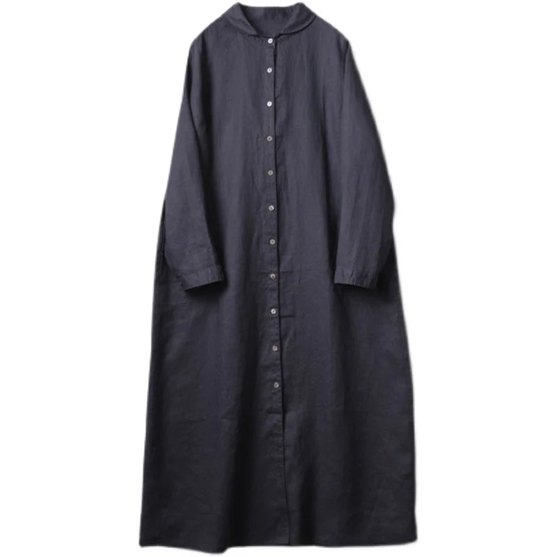 Cotton Linen Mid Length Loose Long Sleeve Dresses