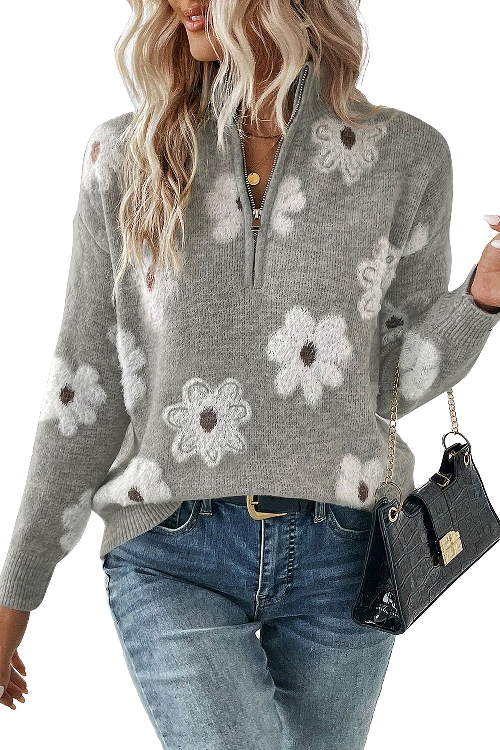 Green Vintage 60s Floral Pattern Half Zip Collar Drop Shoulder Sweater