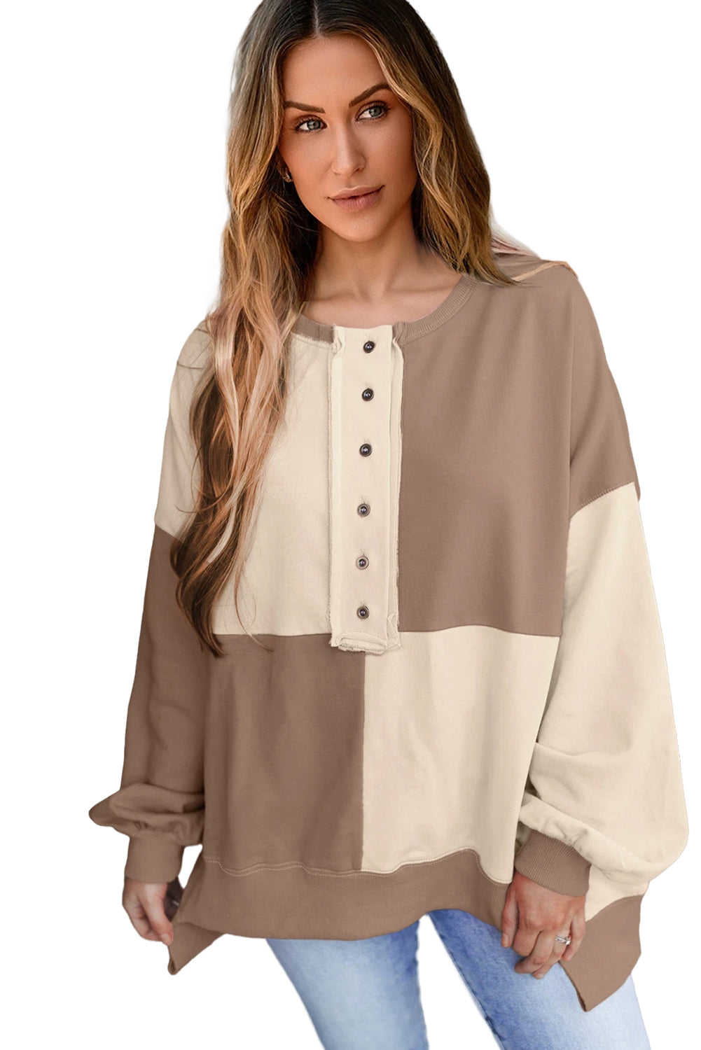 Parchment Colorblock Henley High Low Loose Sweatshirt