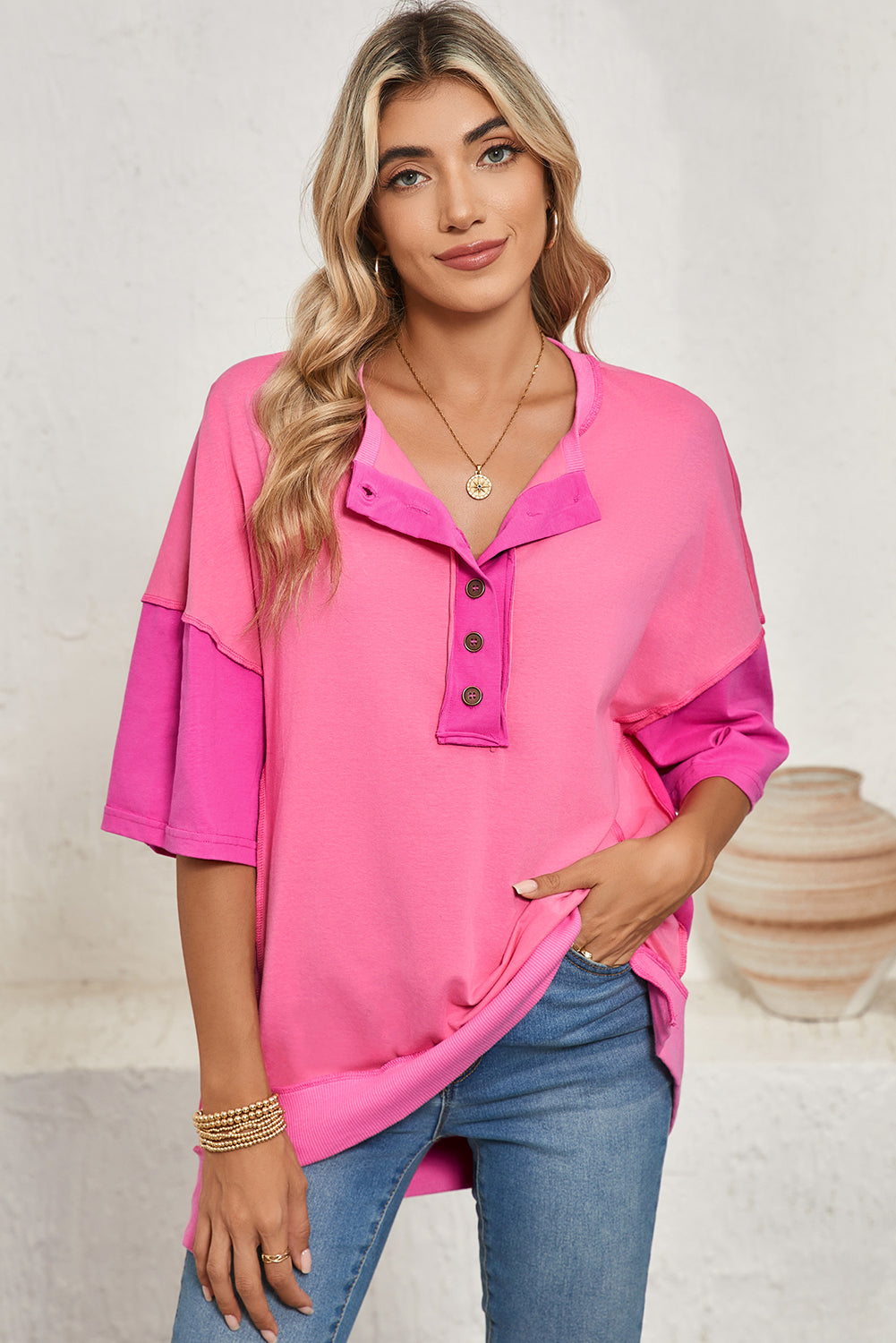 Bright Green Contrast Color Patchwork Oversized Henley T Shirt