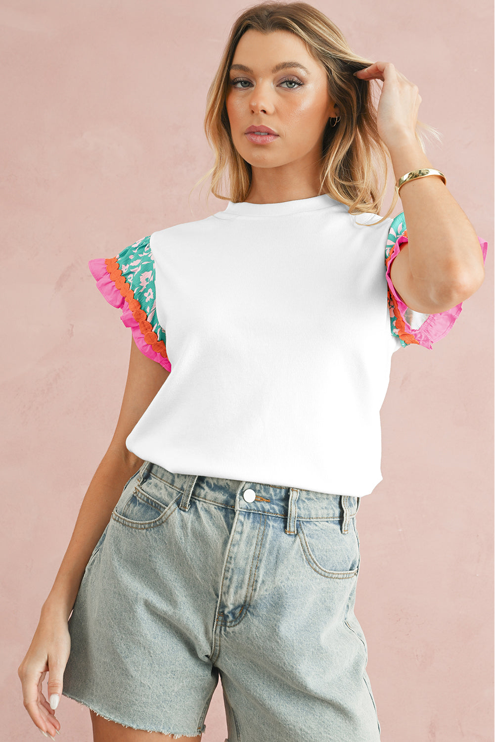 Light Green Ricrac Applique Floral Sleeve Textured Blouse