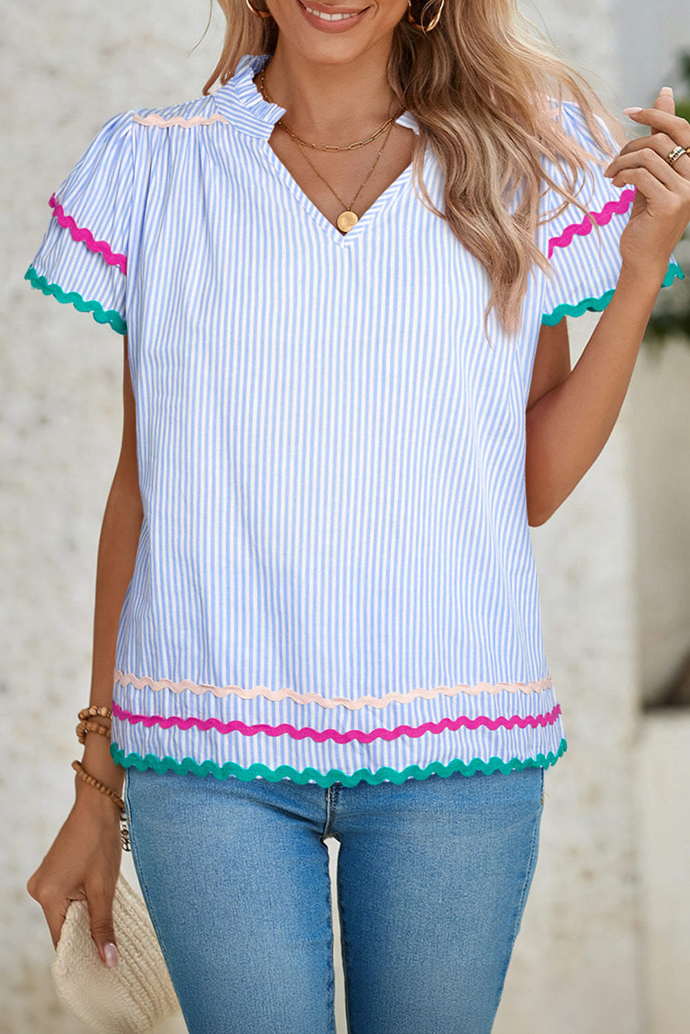 Pink Striped Ricrac Splicing Frill V-Neck Blouse