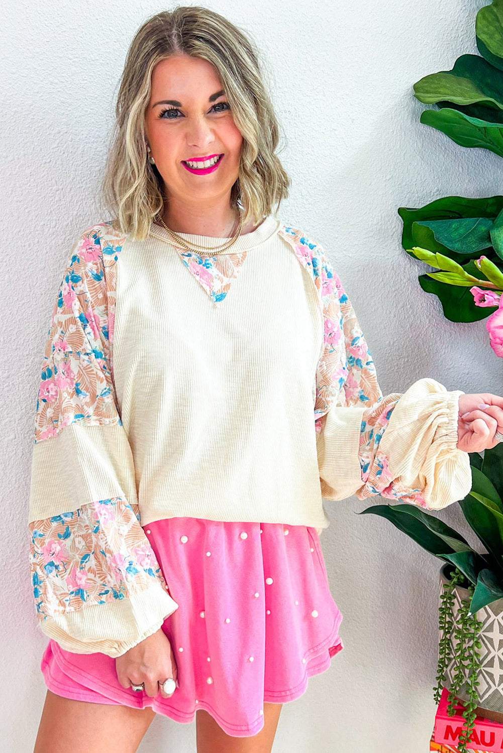 Beau Blue Ribbed Floral Patchwork Balloon Sleeve Top
