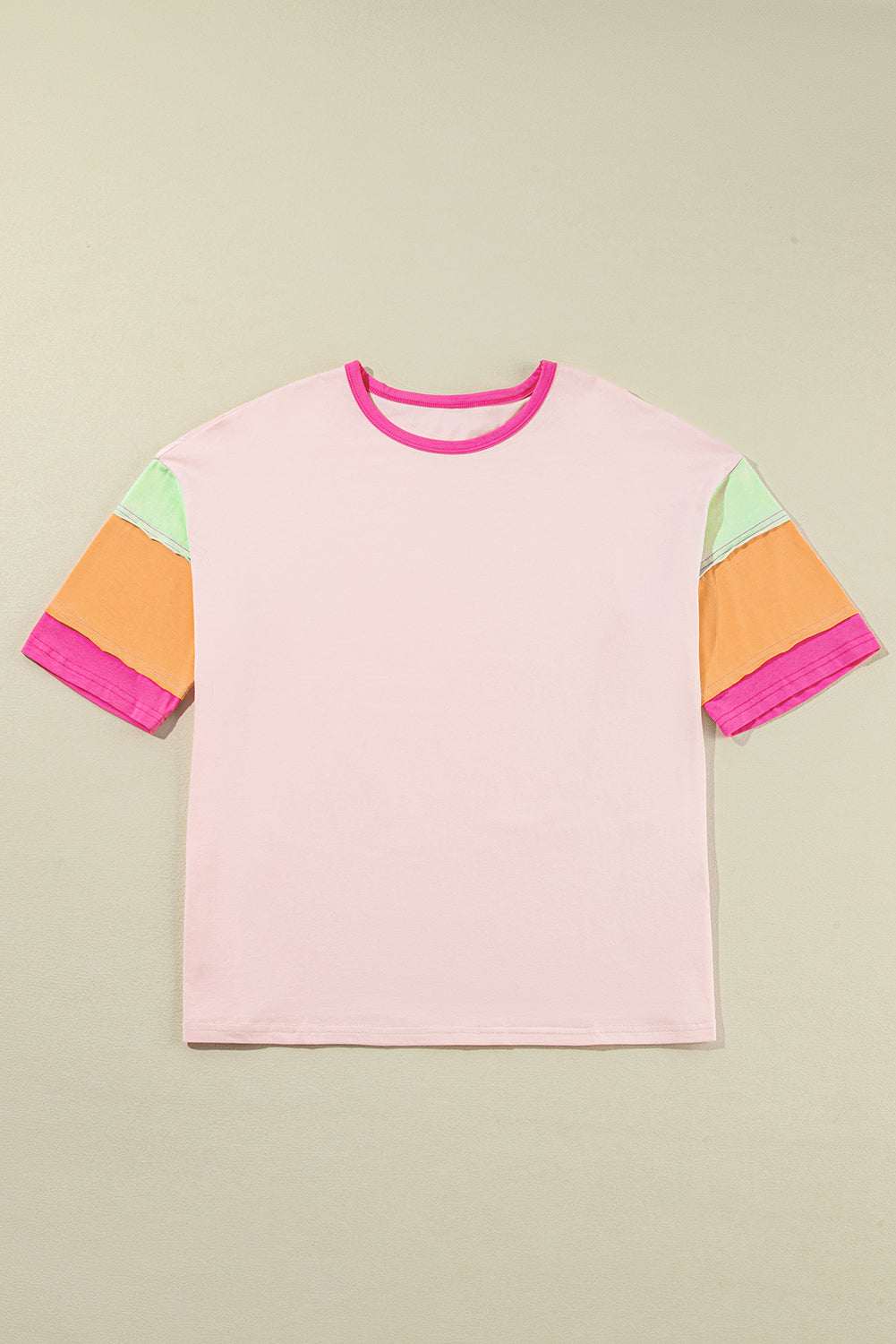 Pink Color Block Sleeve Round Neck Oversize Top