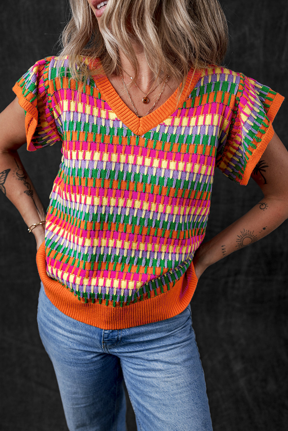 Green Colorblock Cap Sleeve Knitted Top