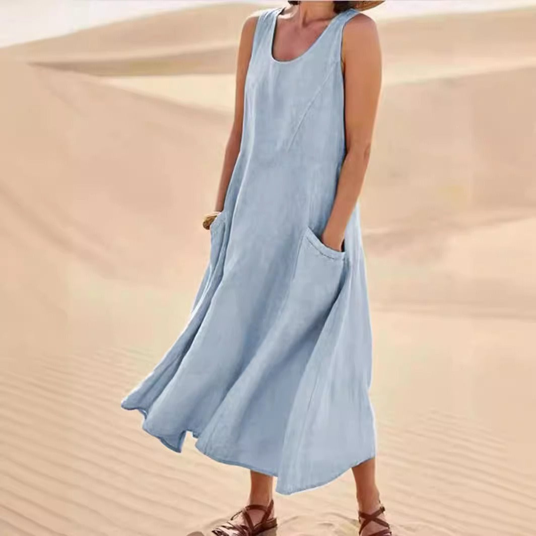 Pocket sleeveless round neck women's cotton and linen dress