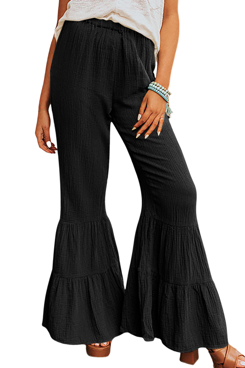 Green Ruffle High Waist Flared Pants