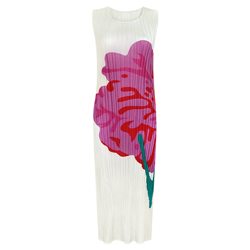 New summer casual style women's clothing design flower sleeveless round neck pleated a-line skirt dress for women