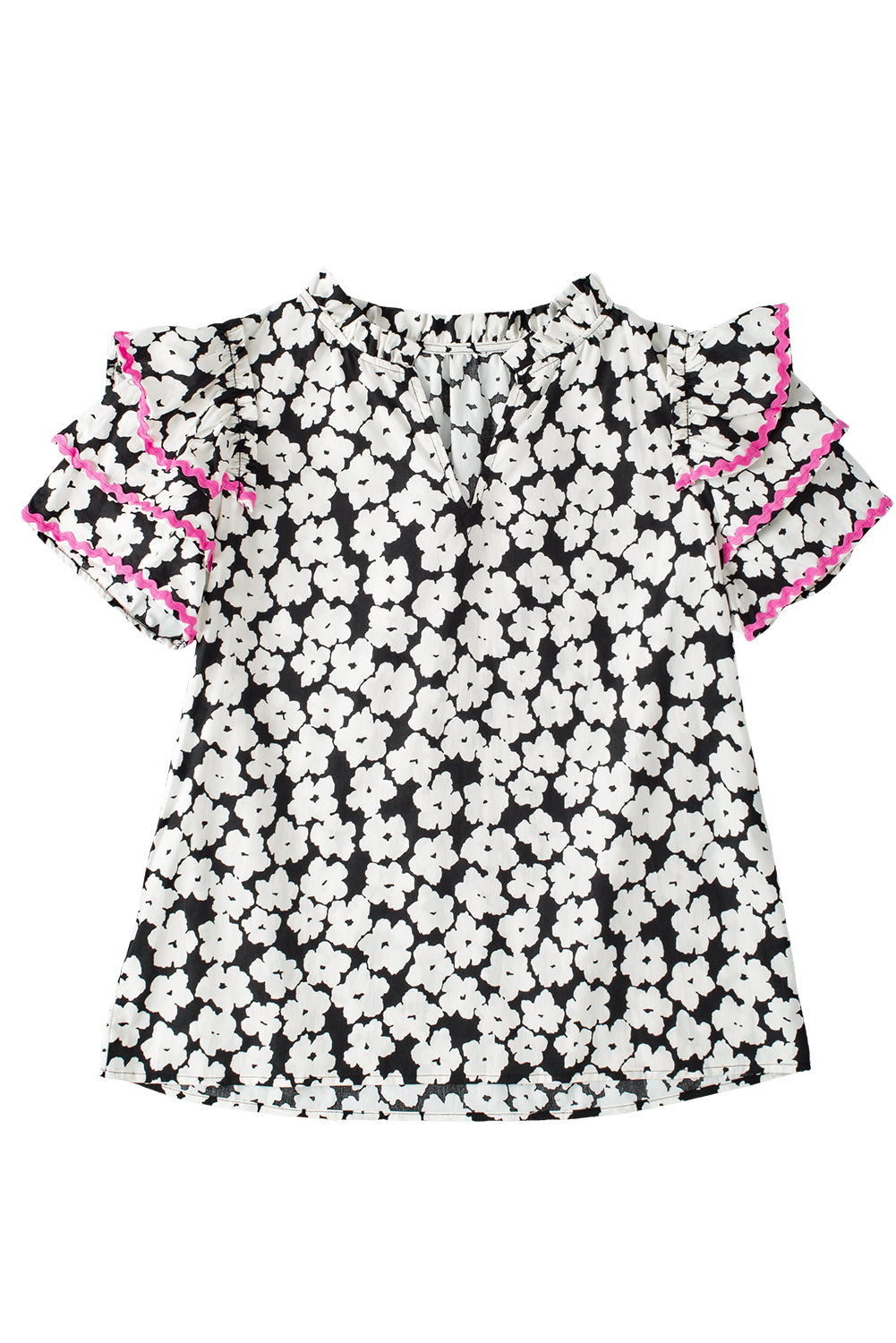 Pink Contrast Ric Rac Layered Ruffle Sleeve Floral Blouse