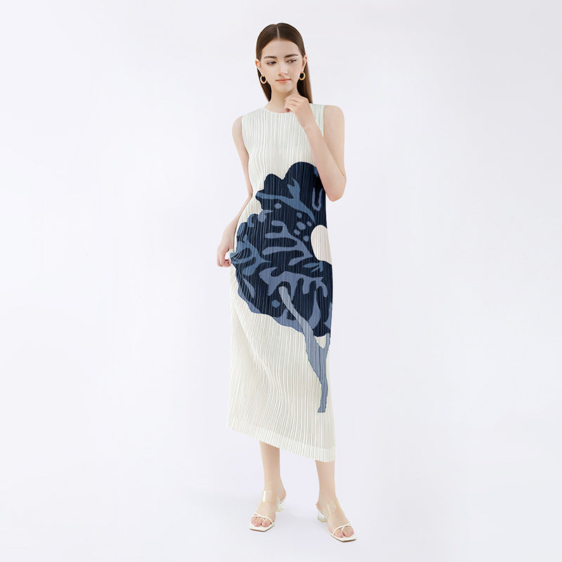 New summer casual style women's clothing design flower sleeveless round neck pleated a-line skirt dress for women