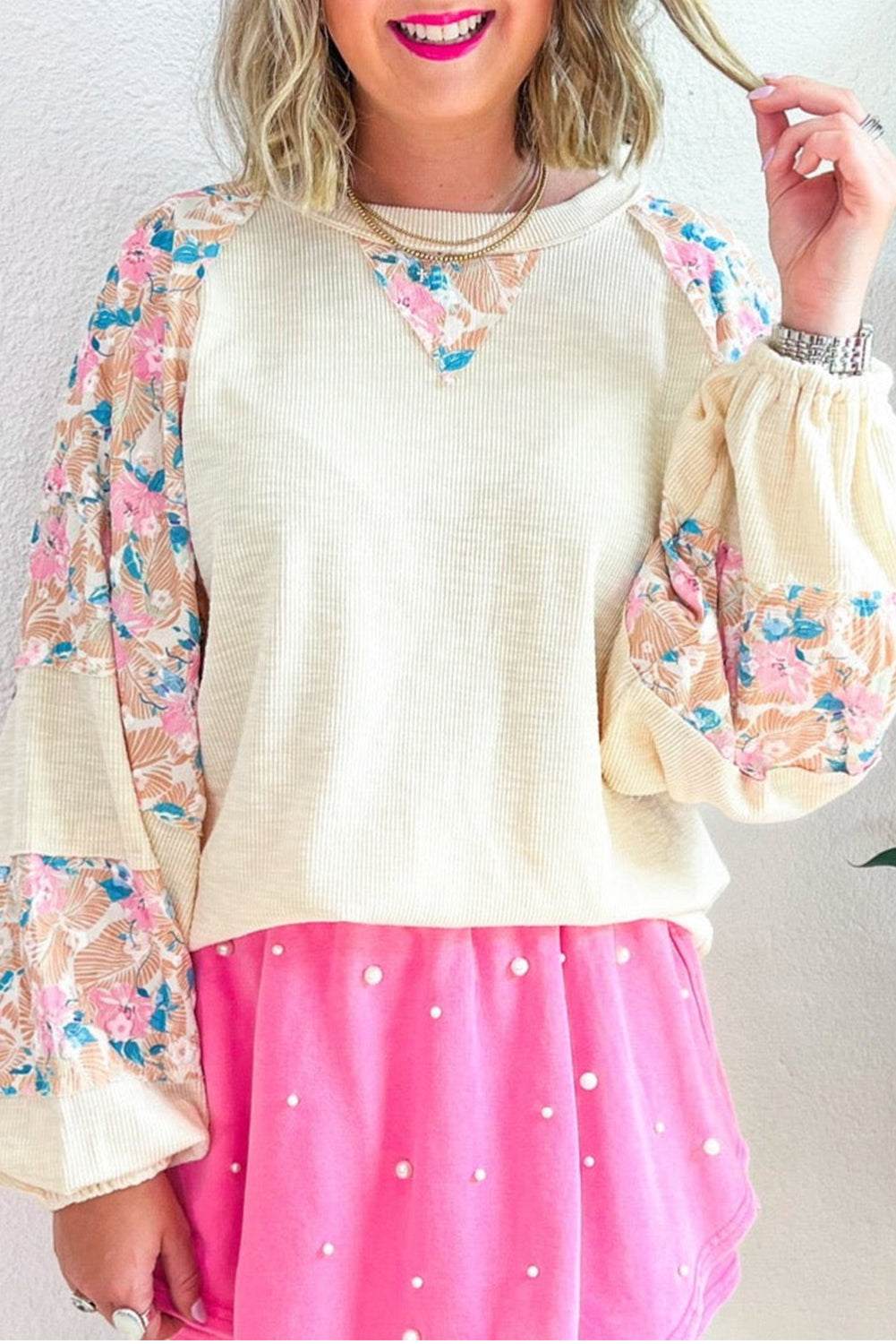 Beau Blue Ribbed Floral Patchwork Balloon Sleeve Top