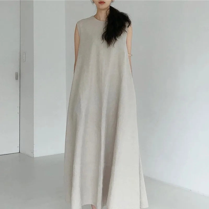 Summer  Dress Chic Loose Swing Sleeveless Mid-length Cotton Linen Long Dress Sleeveless High Waist Women Runway Dress