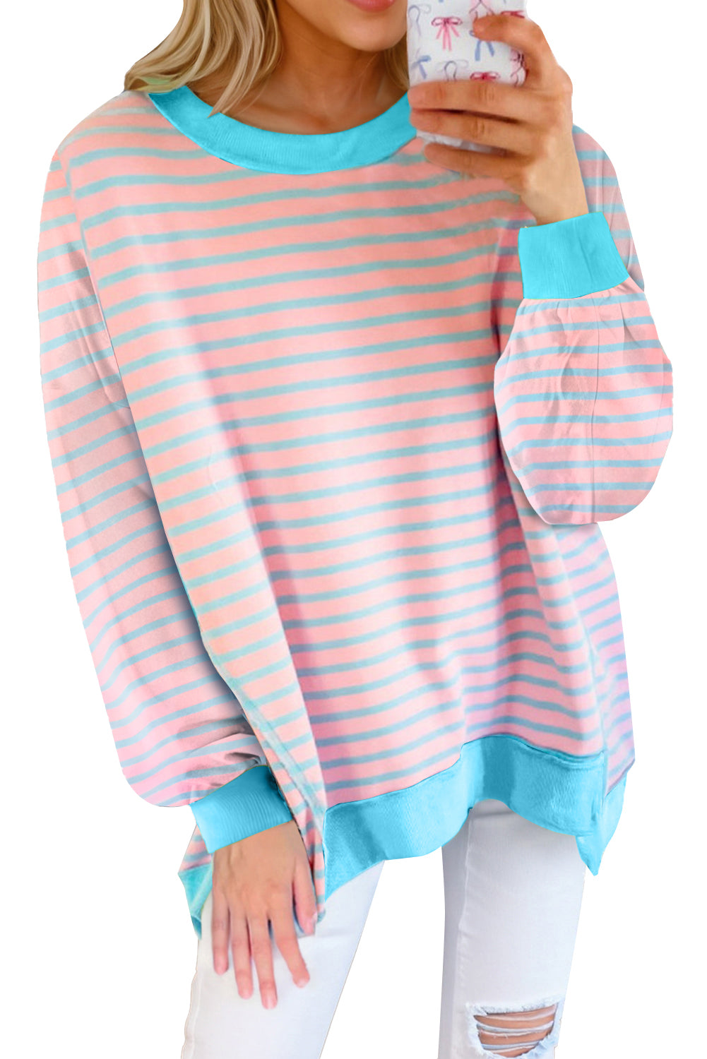 Pink Stripe Contrast Trim High Low Tunic Sweatshirt