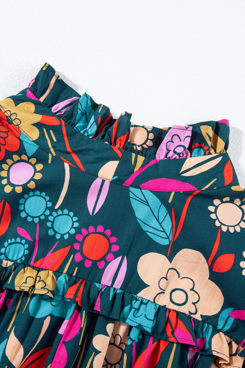 Green 60s Floral Print Puff Sleeve Tied V Neck Blouse