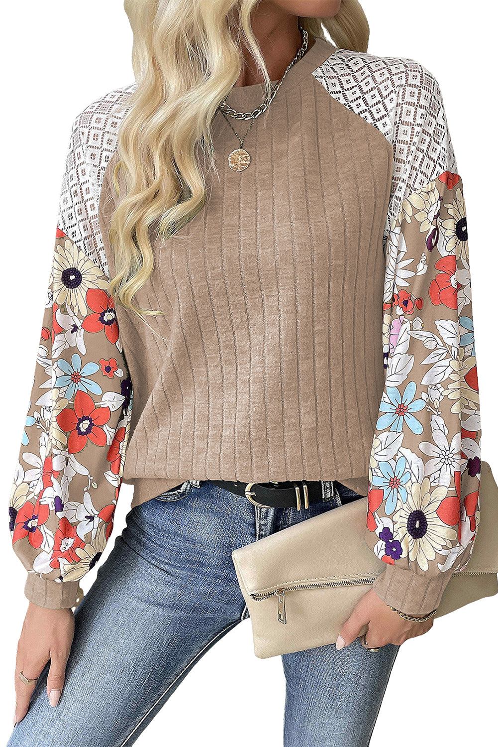 Cinnamon Floral Patchwork Raglan Sleeve Ribbed Top