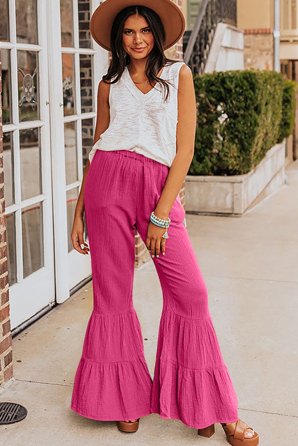 Green Ruffle High Waist Flared Pants