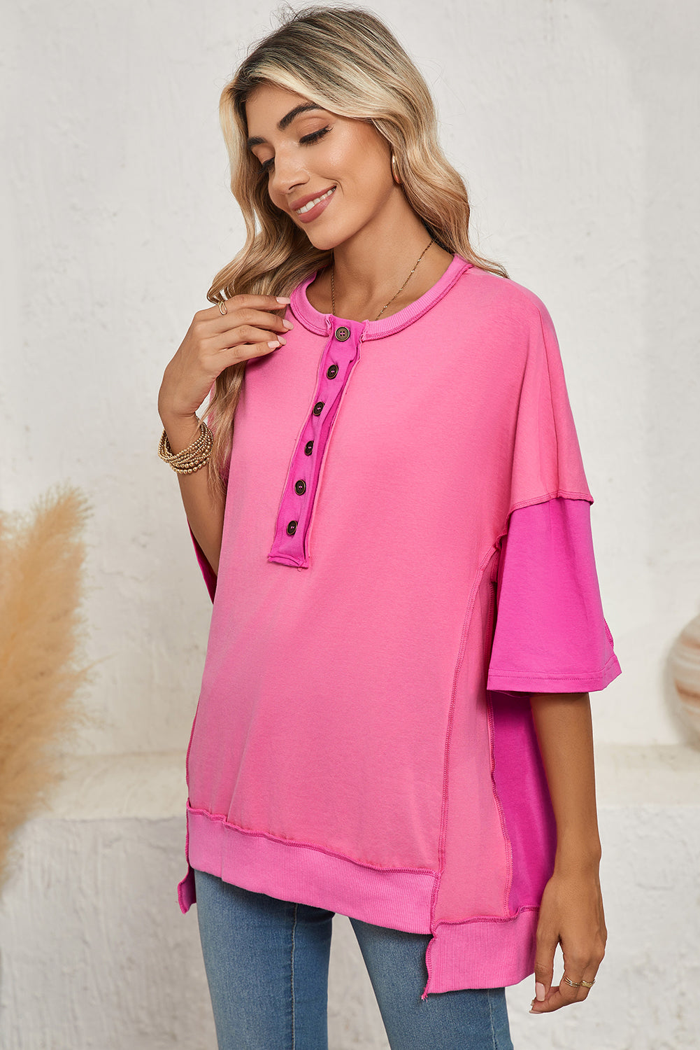 Bright Green Contrast Color Patchwork Oversized Henley T Shirt