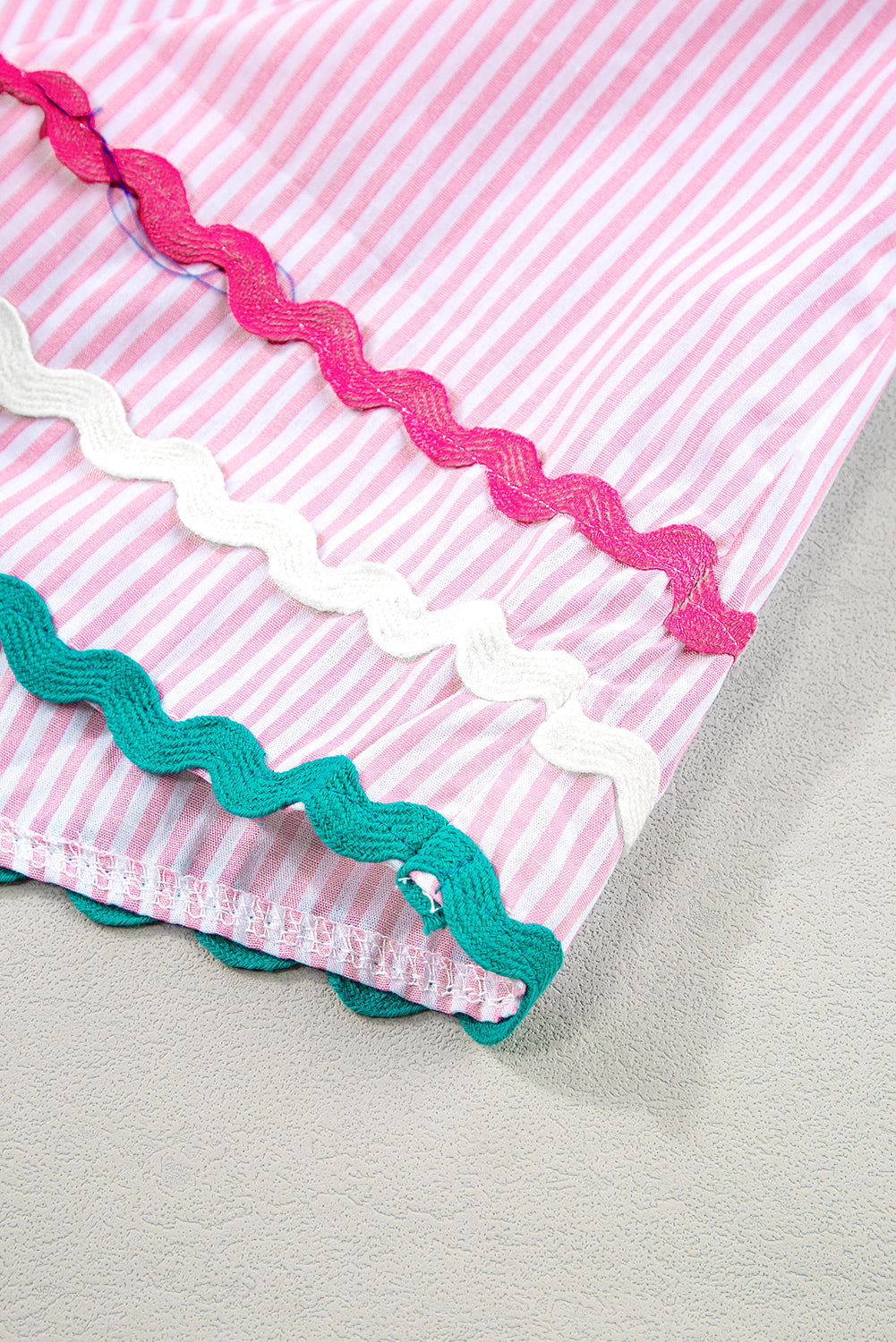 Pink Striped Ricrac Splicing Frill V-Neck Blouse