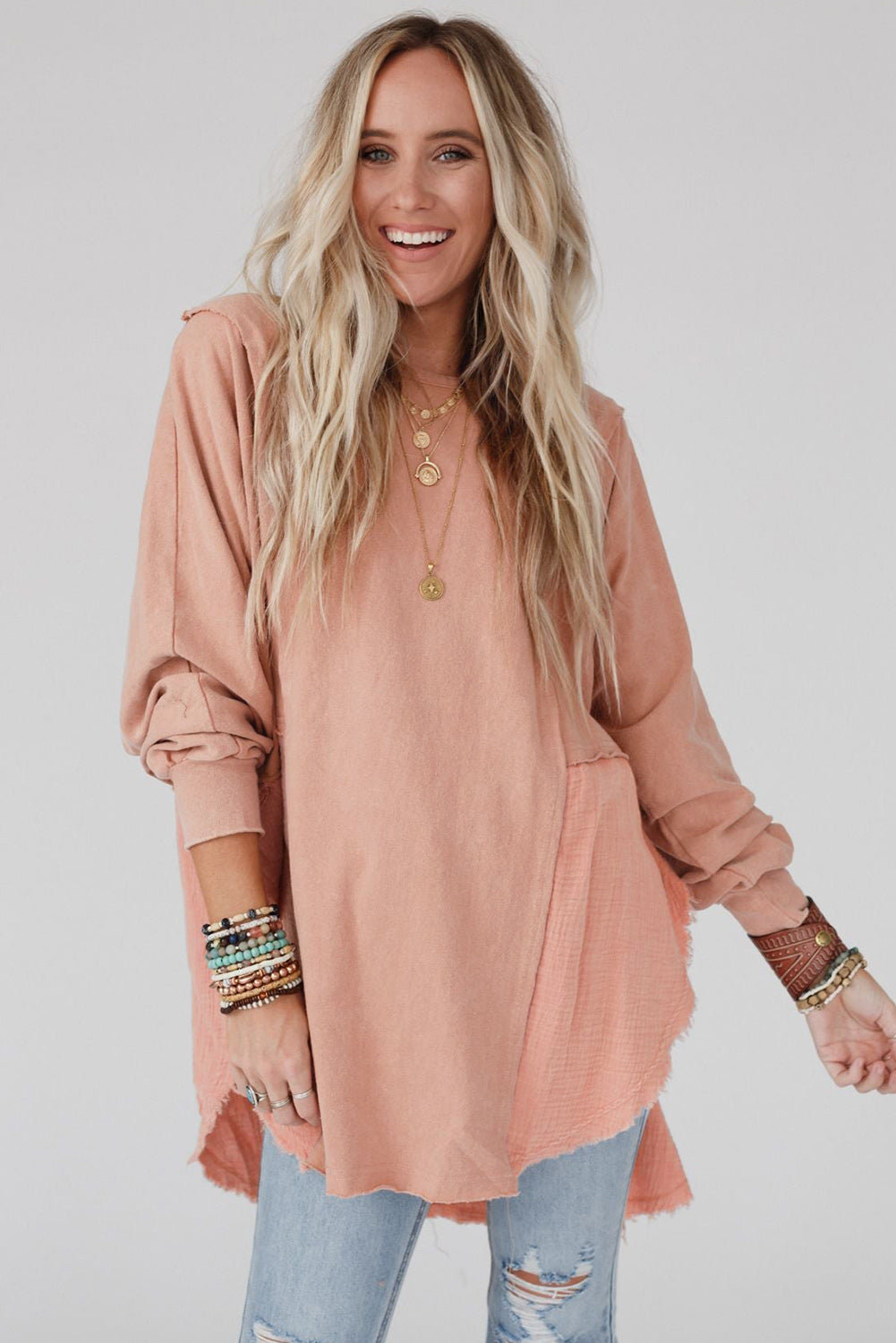 Orange Crinkled Patchwork Raw Hem Oversized Top