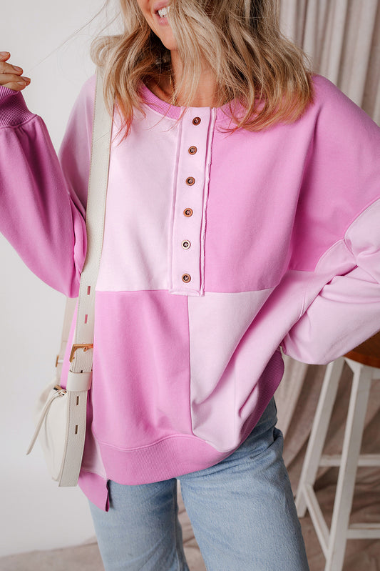 Parchment Colorblock Henley High Low Loose Sweatshirt