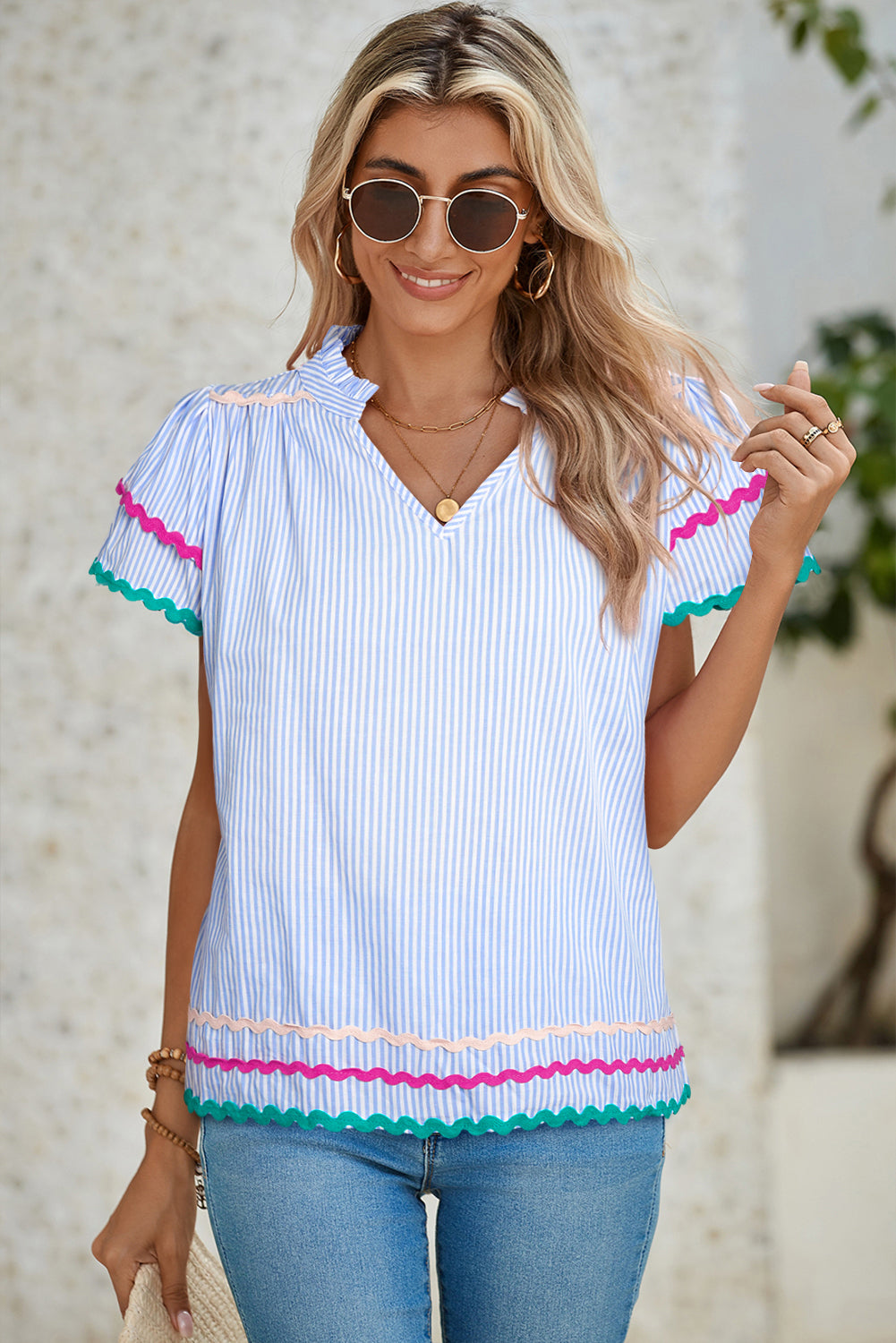 Pink Striped Ricrac Splicing Frill V-Neck Blouse