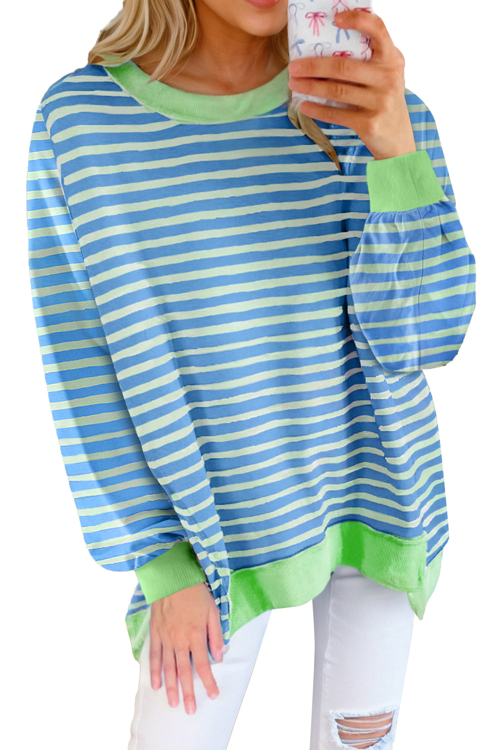 Pink Stripe Contrast Trim High Low Tunic Sweatshirt