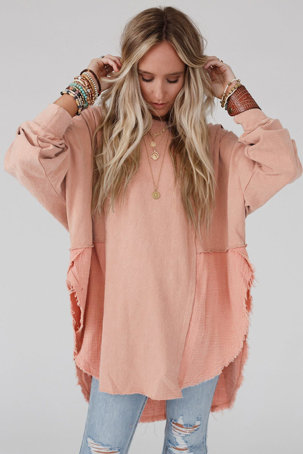 Orange Crinkled Patchwork Raw Hem Oversized Top