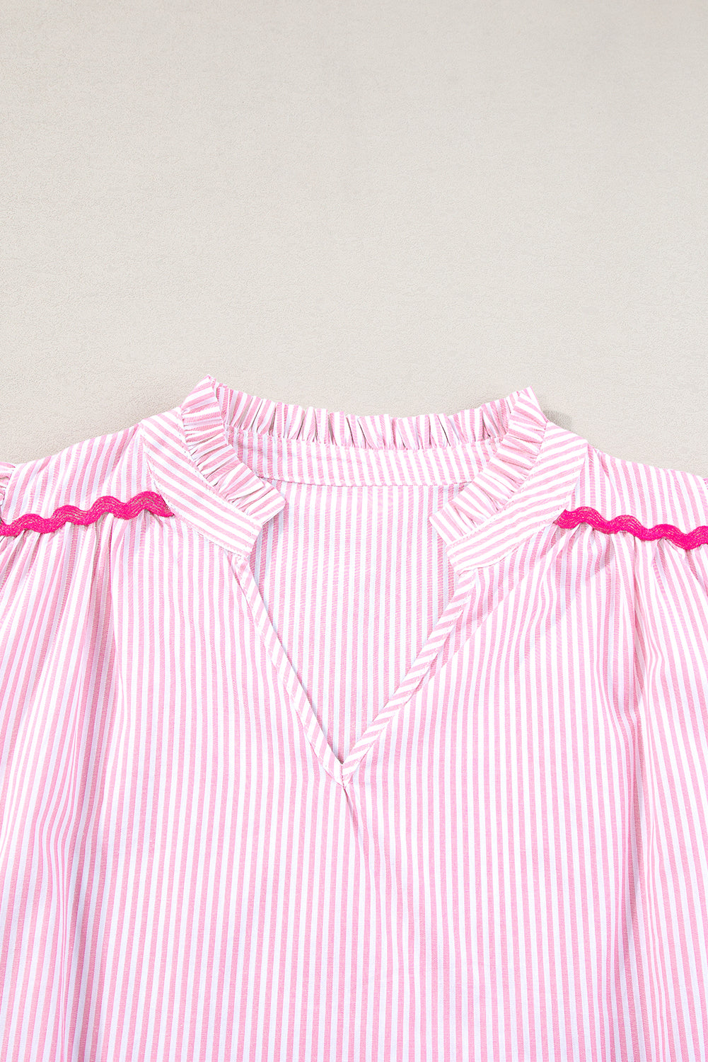 Pink Striped Ricrac Splicing Frill V-Neck Blouse