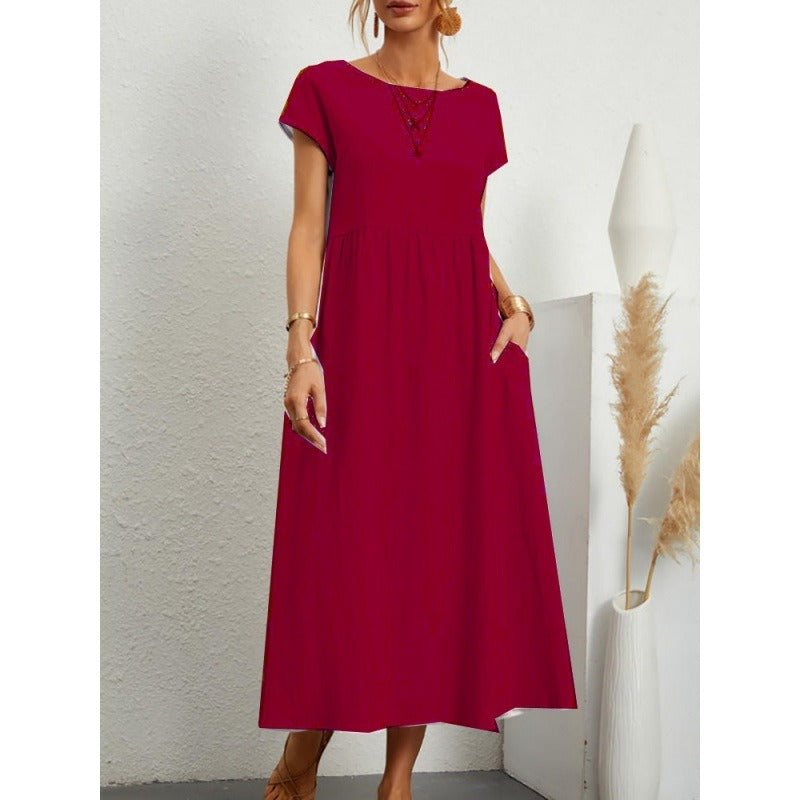 Solid color sleeveless loose cotton linen pocket dress