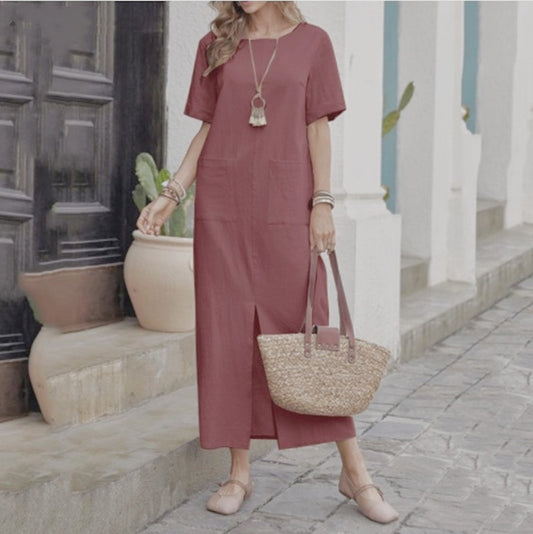 Linen solid color loose round neck short sleeved dress