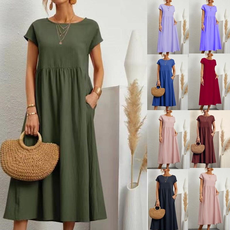 Solid color sleeveless loose cotton linen pocket dress