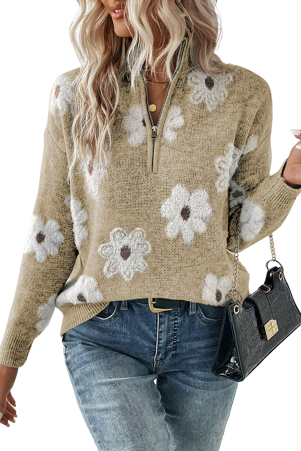 Green Vintage 60s Floral Pattern Half Zip Collar Drop Shoulder Sweater