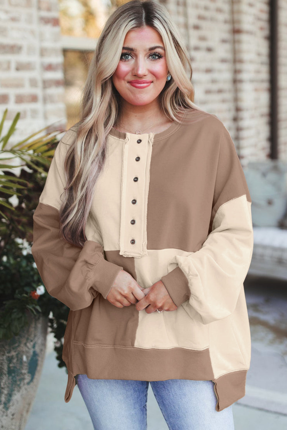 Parchment Colorblock Henley High Low Loose Sweatshirt