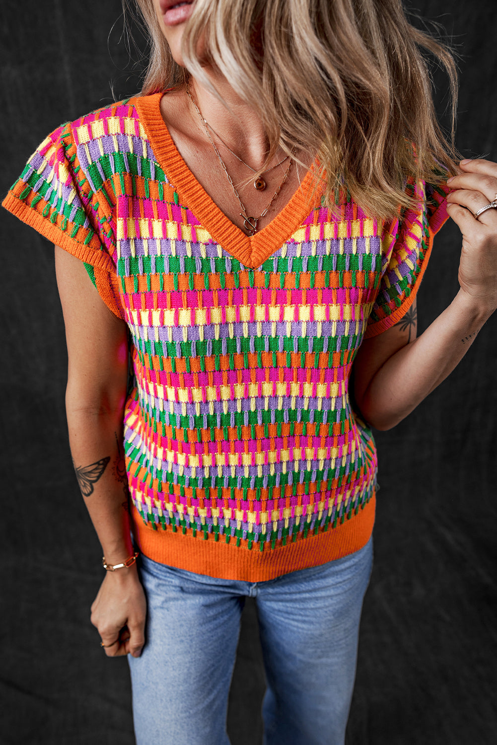 Green Colorblock Cap Sleeve Knitted Top