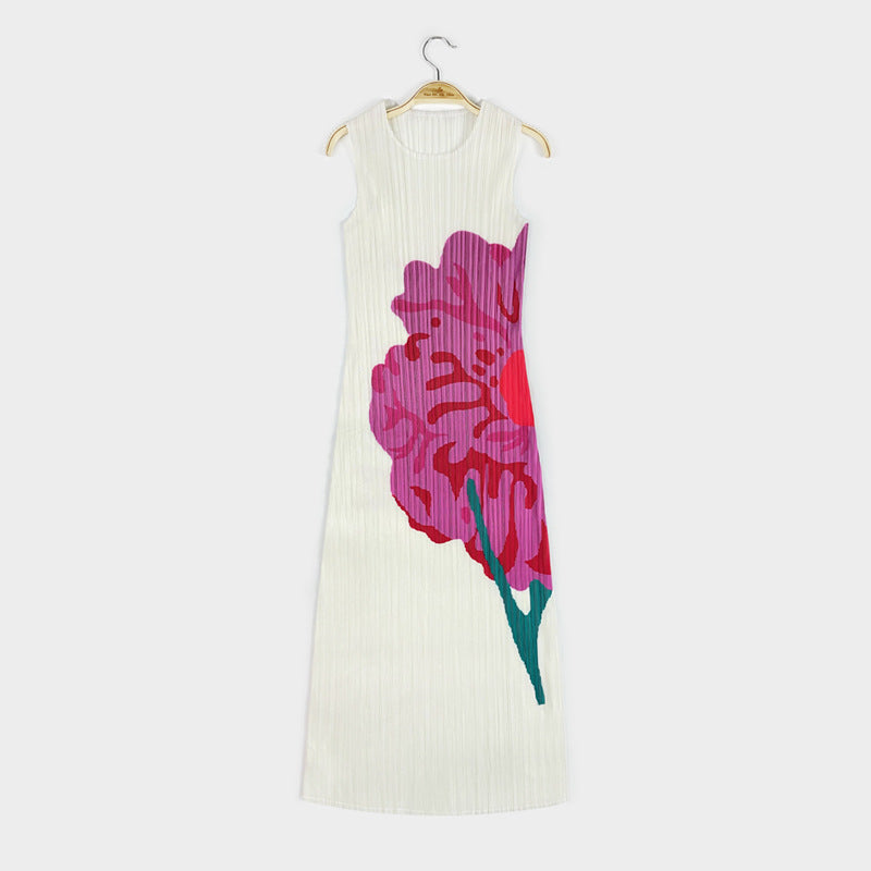 New summer casual style women's clothing design flower sleeveless round neck pleated a-line skirt dress for women