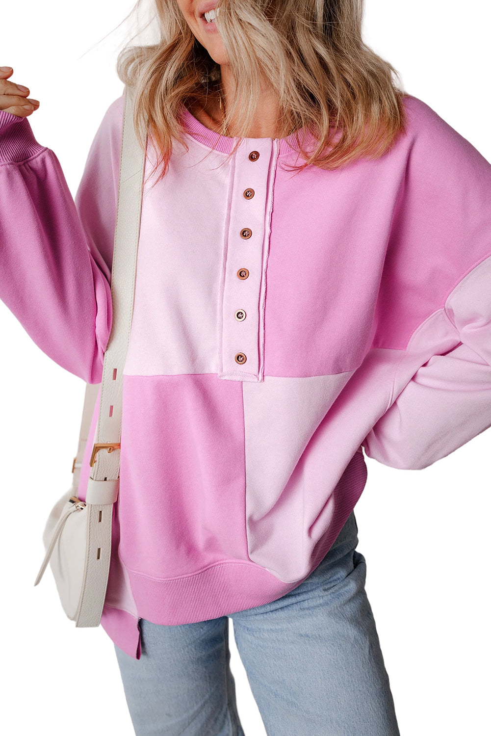 Parchment Colorblock Henley High Low Loose Sweatshirt