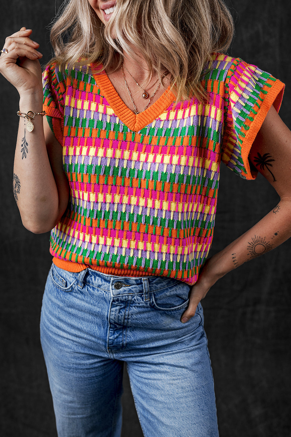 Green Colorblock Cap Sleeve Knitted Top