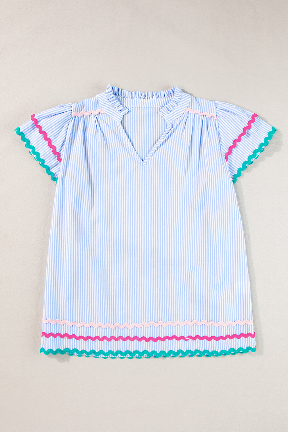 Pink Striped Ricrac Splicing Frill V-Neck Blouse