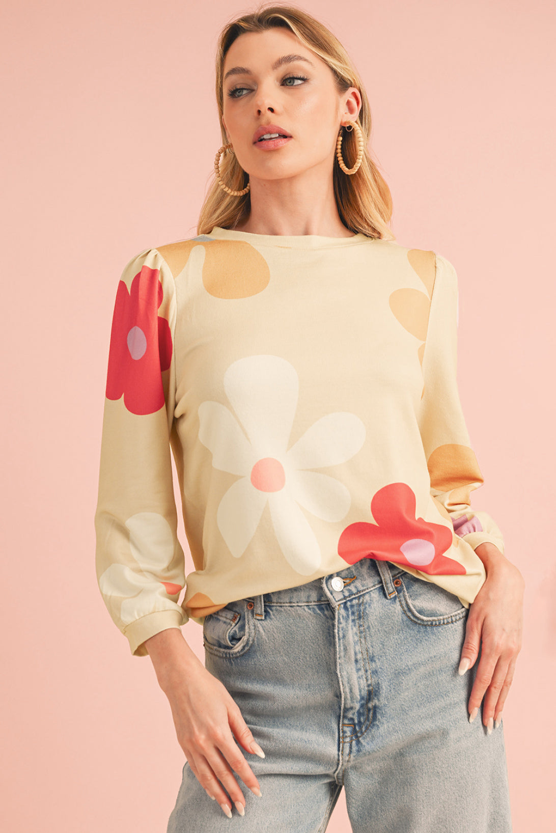 Rose 60s Flower Print Ruched Bracelet Sleeve Top