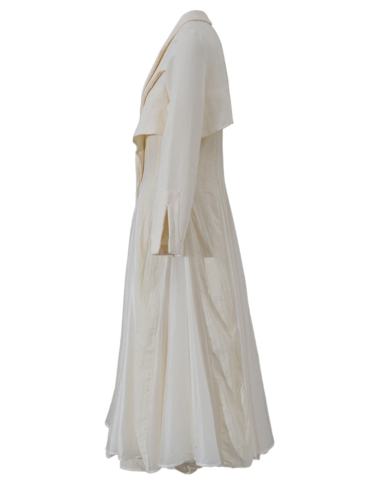 Women Beige Pleated Linen Long Elegant Dress
