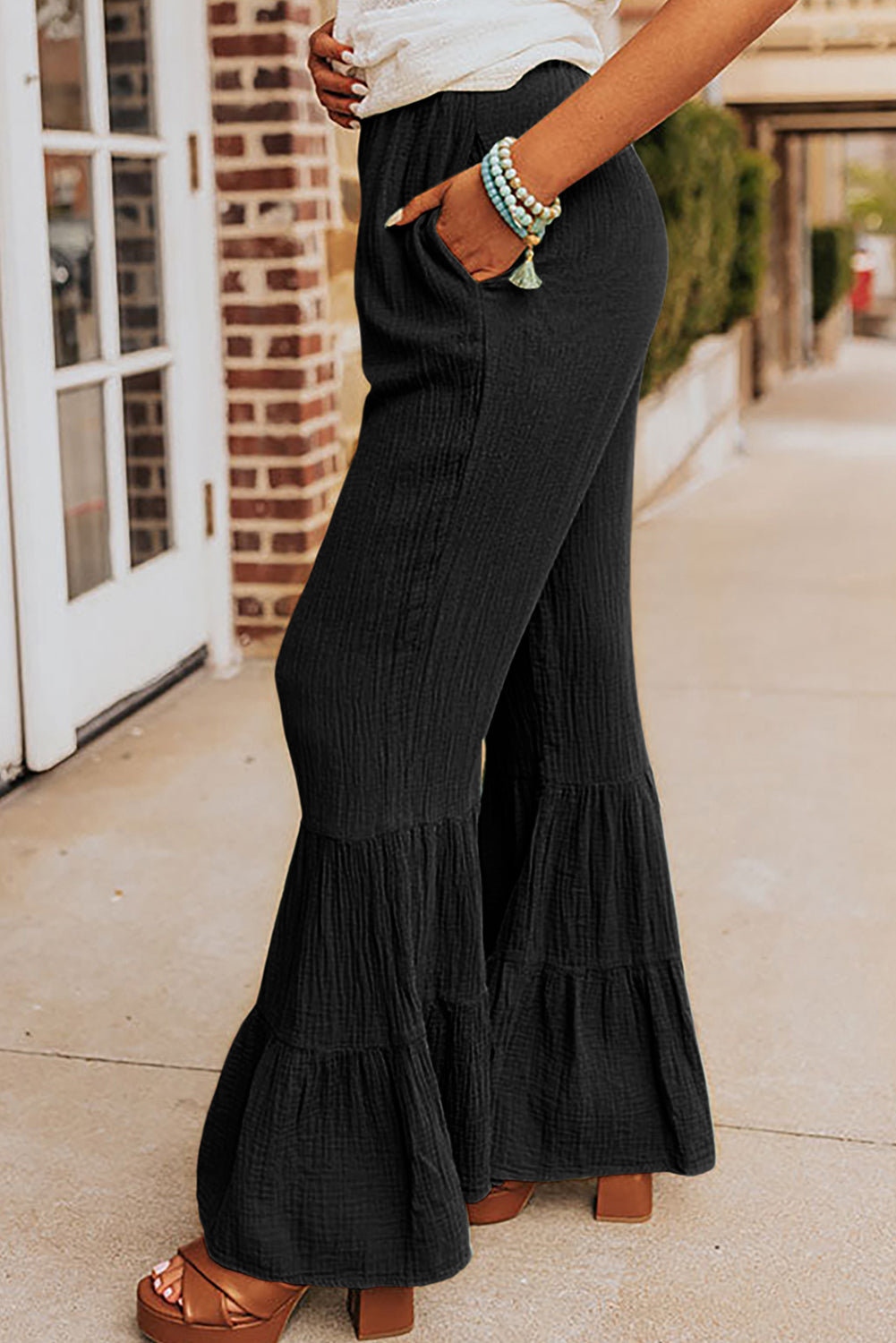 Green Ruffle High Waist Flared Pants
