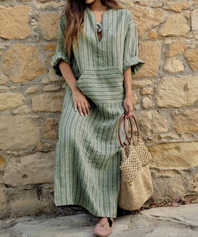 New cotton and linen color woven striped loose length dress