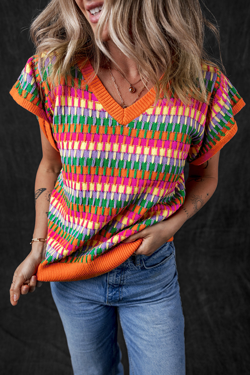 Green Colorblock Cap Sleeve Knitted Top