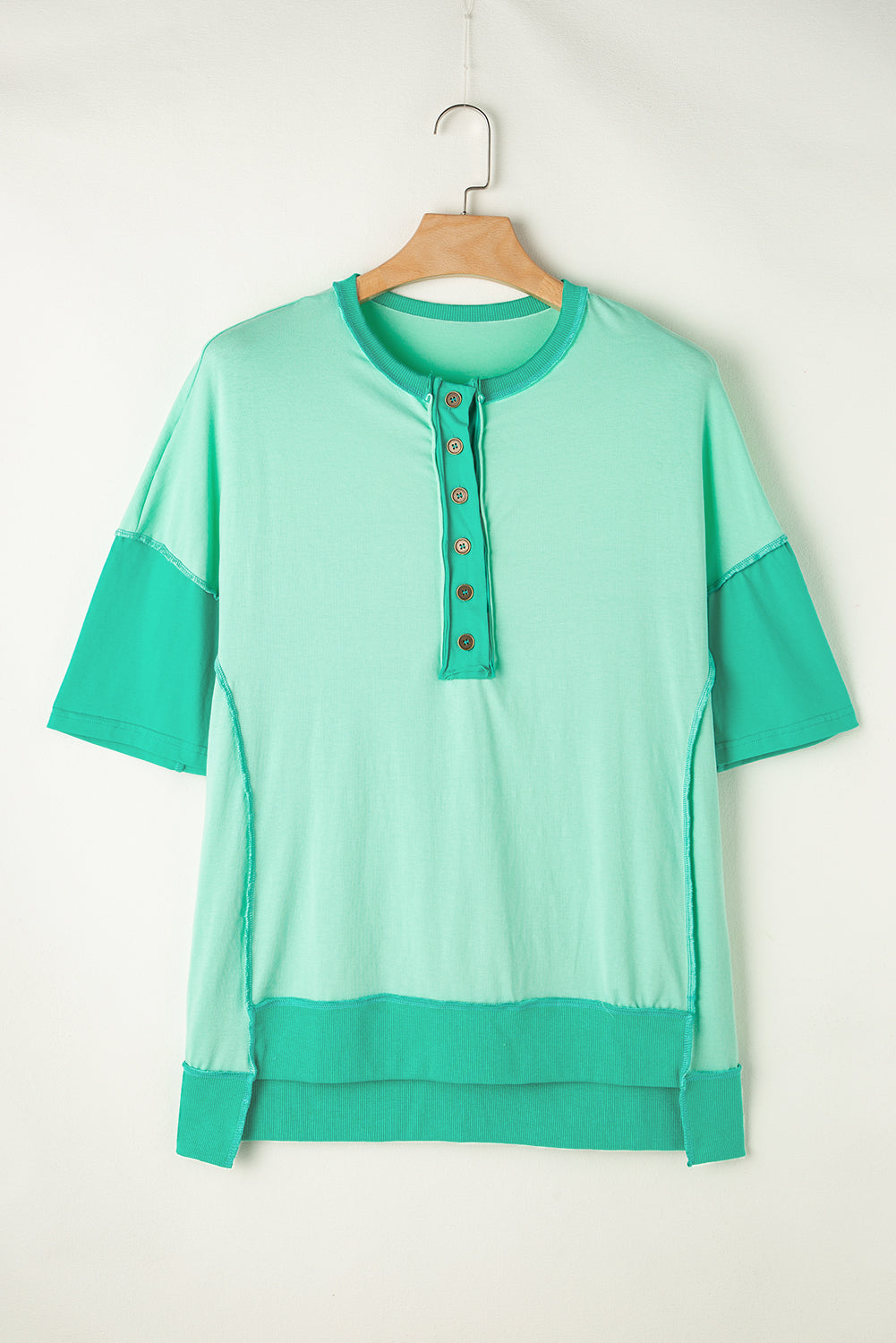 Bright Green Contrast Color Patchwork Oversized Henley T Shirt